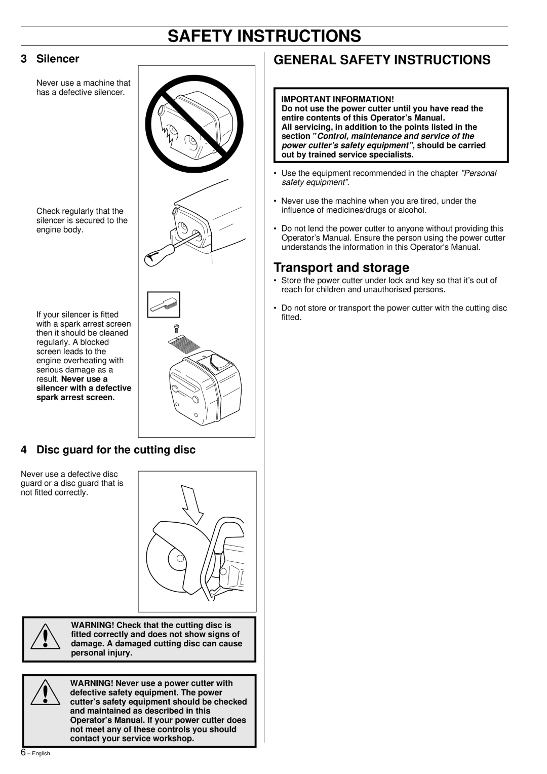 Husqvarna 268K, 272K manual General Safety Instructions, Transport and storage 