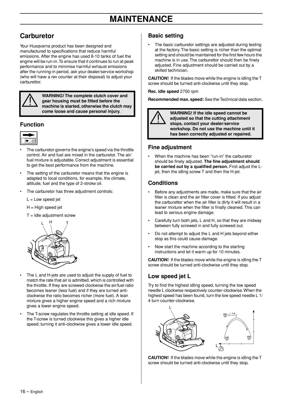 Husqvarna 26HS75 manual Maintenance, Carburetor 