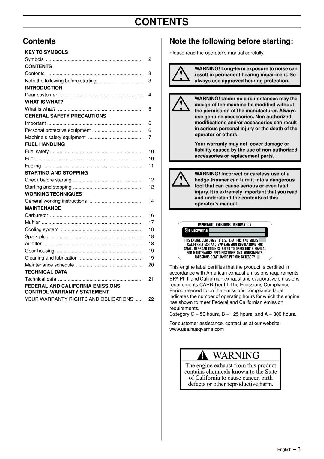 Husqvarna 26HS75 manual Contents 