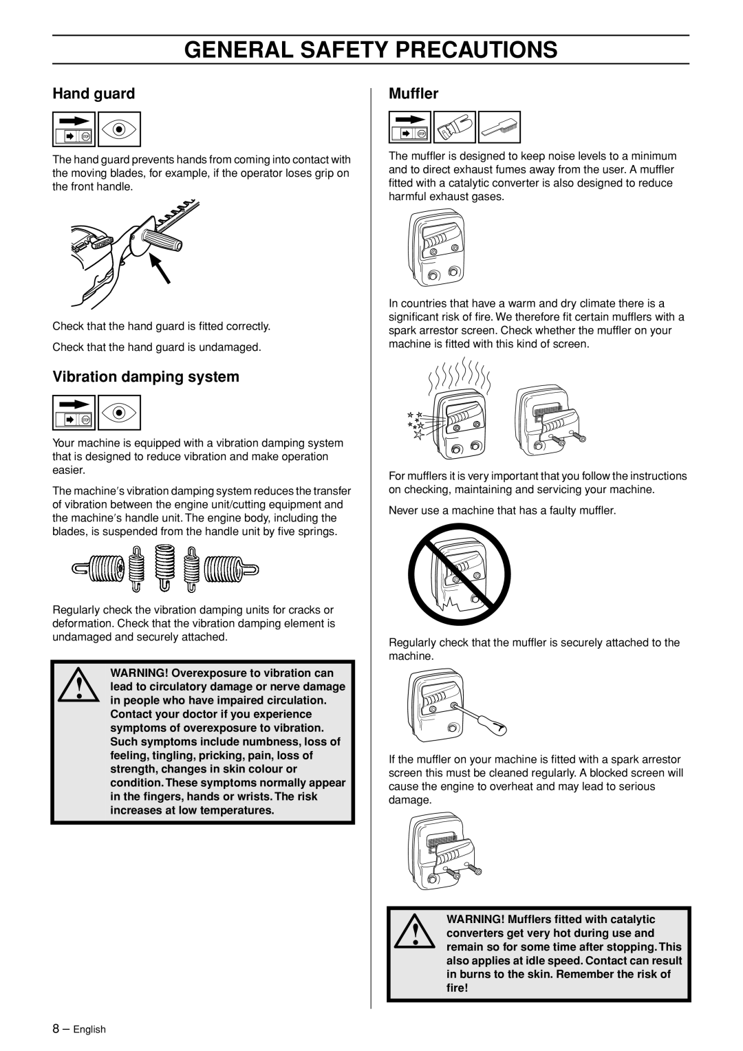 Husqvarna 26HS75 manual Hand guard, Vibration damping system, Mufﬂer 