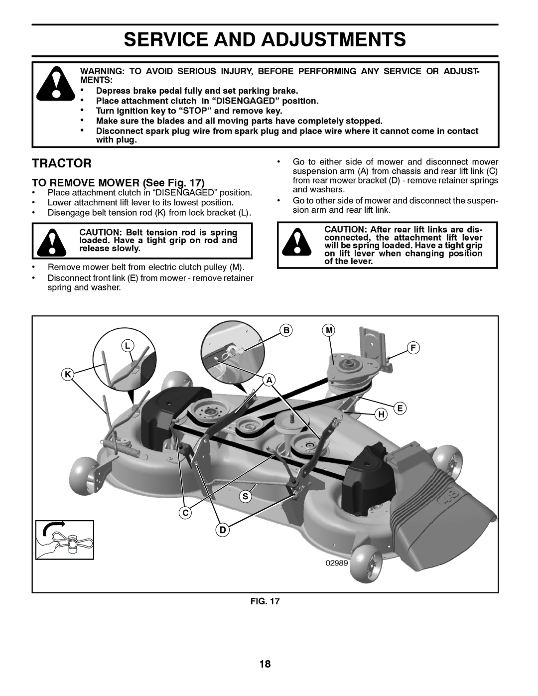 Husqvarna 2748 GLS (CA) manual Service and Adjustments, To Remove Mower See Fig 