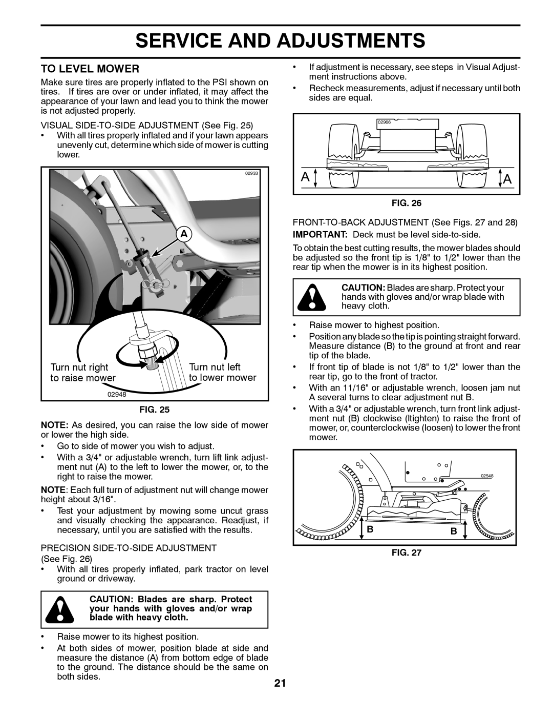 Husqvarna 2748 GLS (CA) manual To Level Mower, Turn nut right Turn nut left To raise mower 