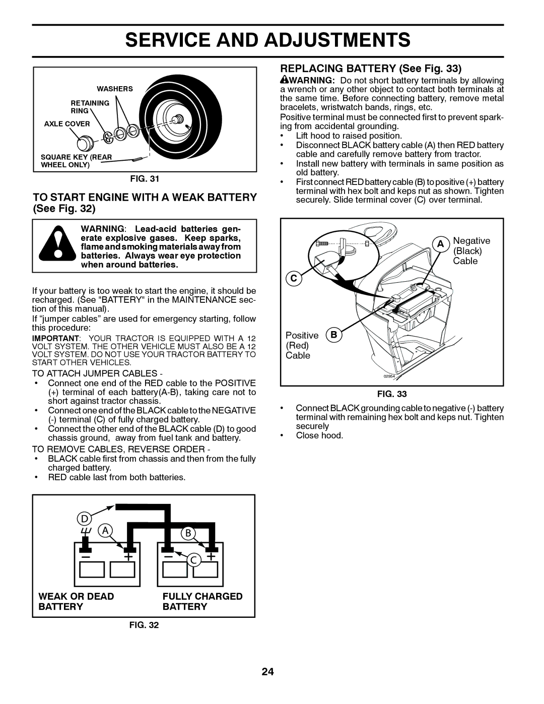 Husqvarna 2748 GLS (CA) To Start Engine with a Weak Battery See Fig, Replacing Battery See Fig, To Attach Jumper Cables 