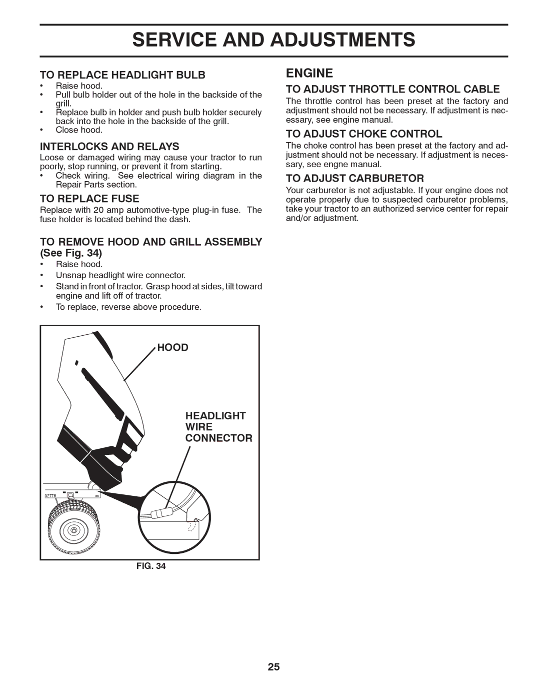 Husqvarna 2748 GLS (CA) manual To Replace Headlight Bulb, Interlocks and Relays, To Replace Fuse, Hood, Wire 