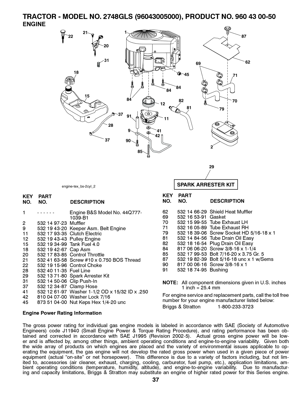 Husqvarna 2748 GLS (CA) manual Engine, Spark Arrester KIT 