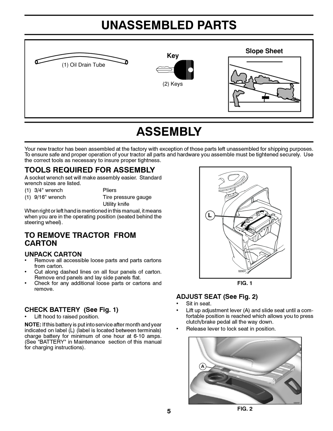 Husqvarna 2748 GLS (CA) Unassembled Parts, Tools Required for Assembly, To Remove Tractor from Carton, Unpack Carton 