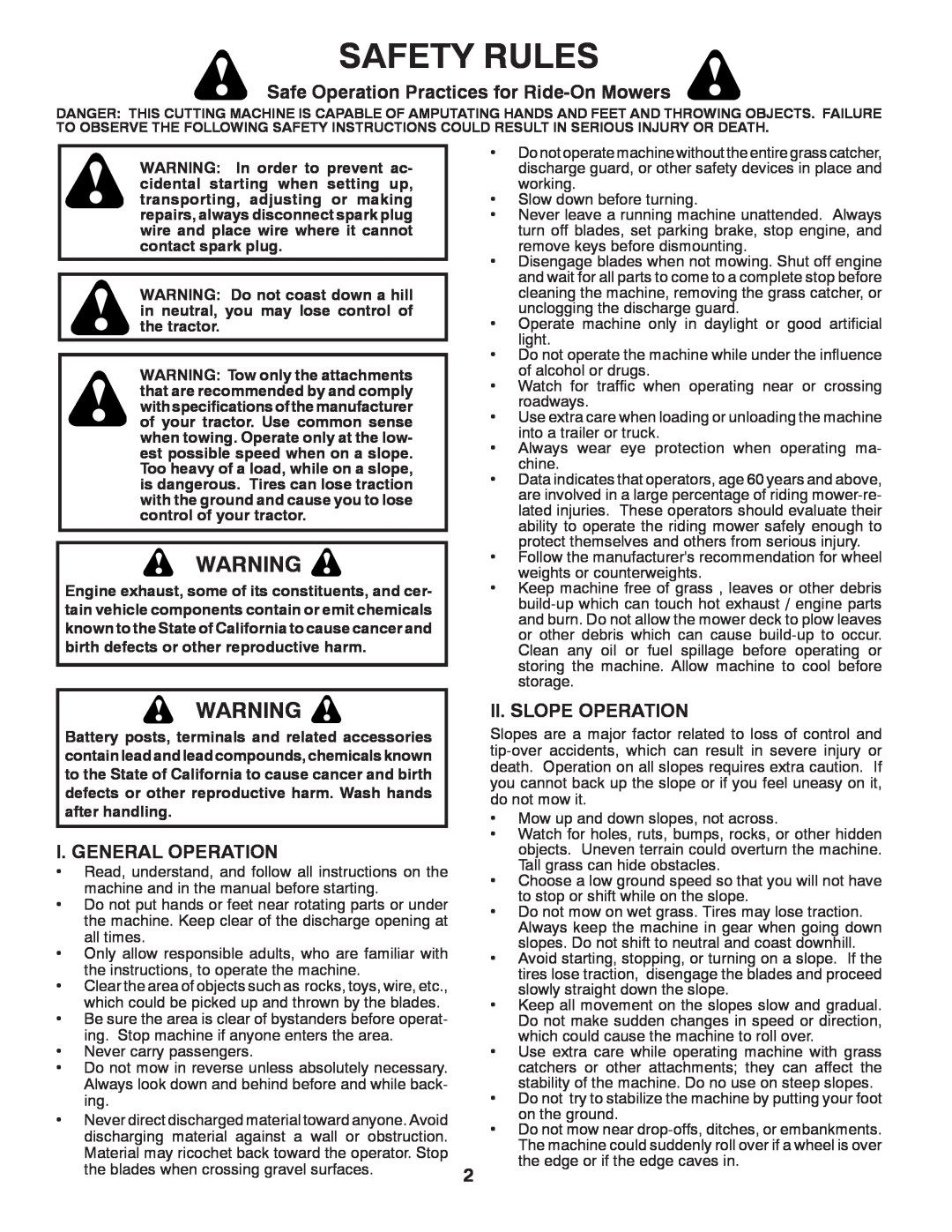 Husqvarna 2748 GLS (CA) manual Safety Rules, Safe Operation Practices for Ride-OnMowers, I. General Operation 