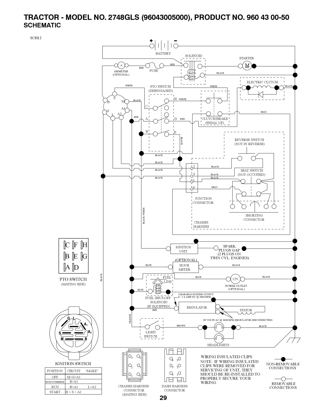 Husqvarna 2748 GLS (CA) manual Schematic, Pto Switch, Ignition Switch, SCH12, Optional 