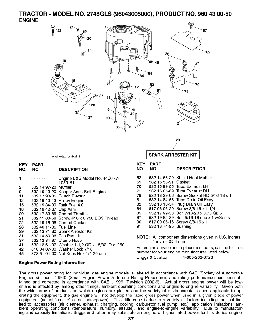 Husqvarna 2748 GLS (CA) manual Spark Arrester Kit, Part, Description, Engine Power Rating Information 