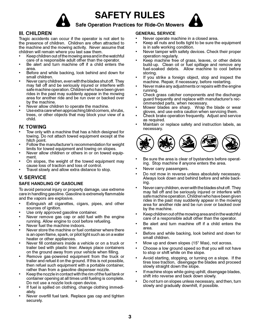 Husqvarna 2748 GLS (CA) Iii. Children, Iv. Towing, V. Service, Safety Rules, Safe Operation Practices for Ride-OnMowers 