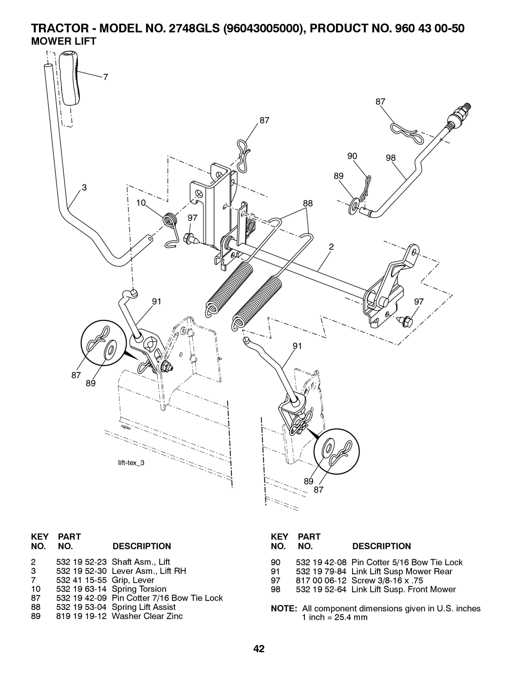 Husqvarna 2748 GLS (CA) manual Mower Lift, 7 87 87 90 89 3, 97 2, 91 87 89, 89 87, Part, Description 