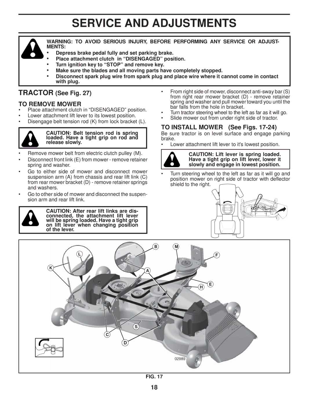 Husqvarna 2748 GLS manual Service and Adjustments, Tractor See Fig, To Remove Mower, To Install Mower See Figs 