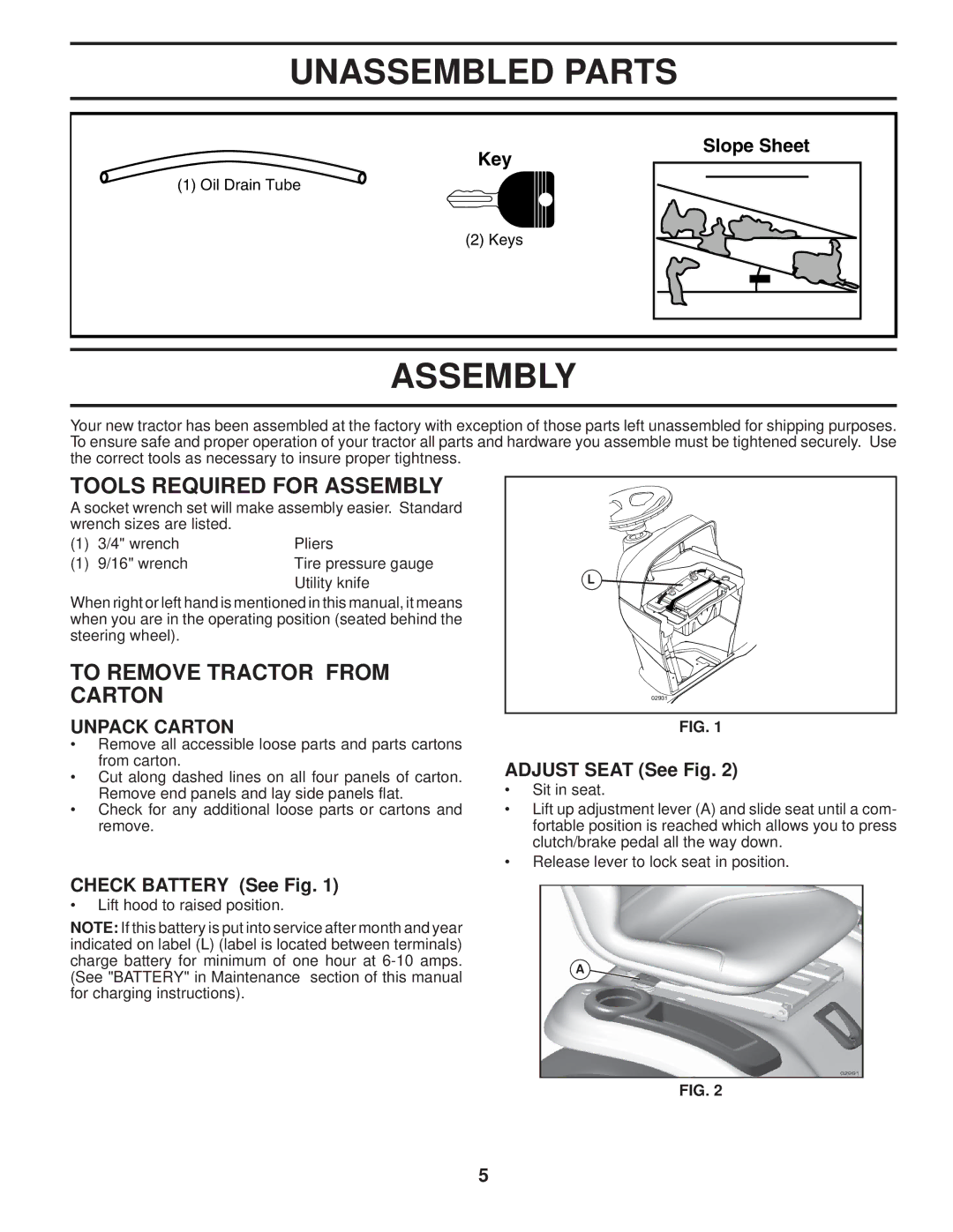 Husqvarna 2748 GLS manual Unassembled Parts, Tools Required for Assembly, To Remove Tractor from Carton, Unpack Carton 