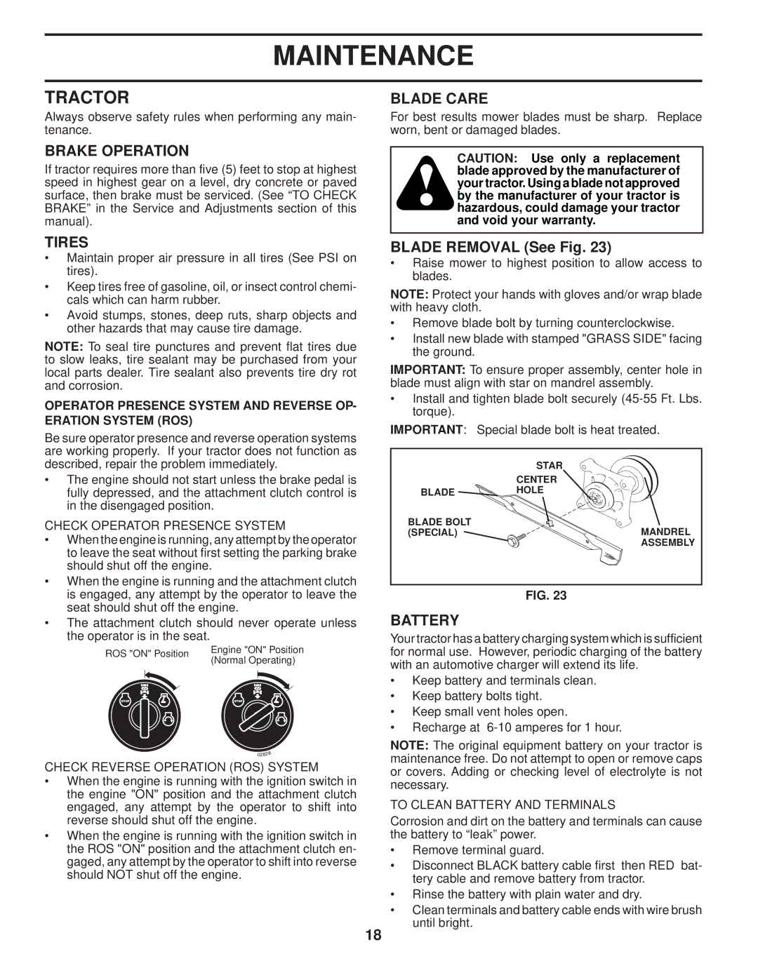 Husqvarna 2754 GLS manual Tractor, Brake Operation, Tires, Blade Removal See Fig, Battery 