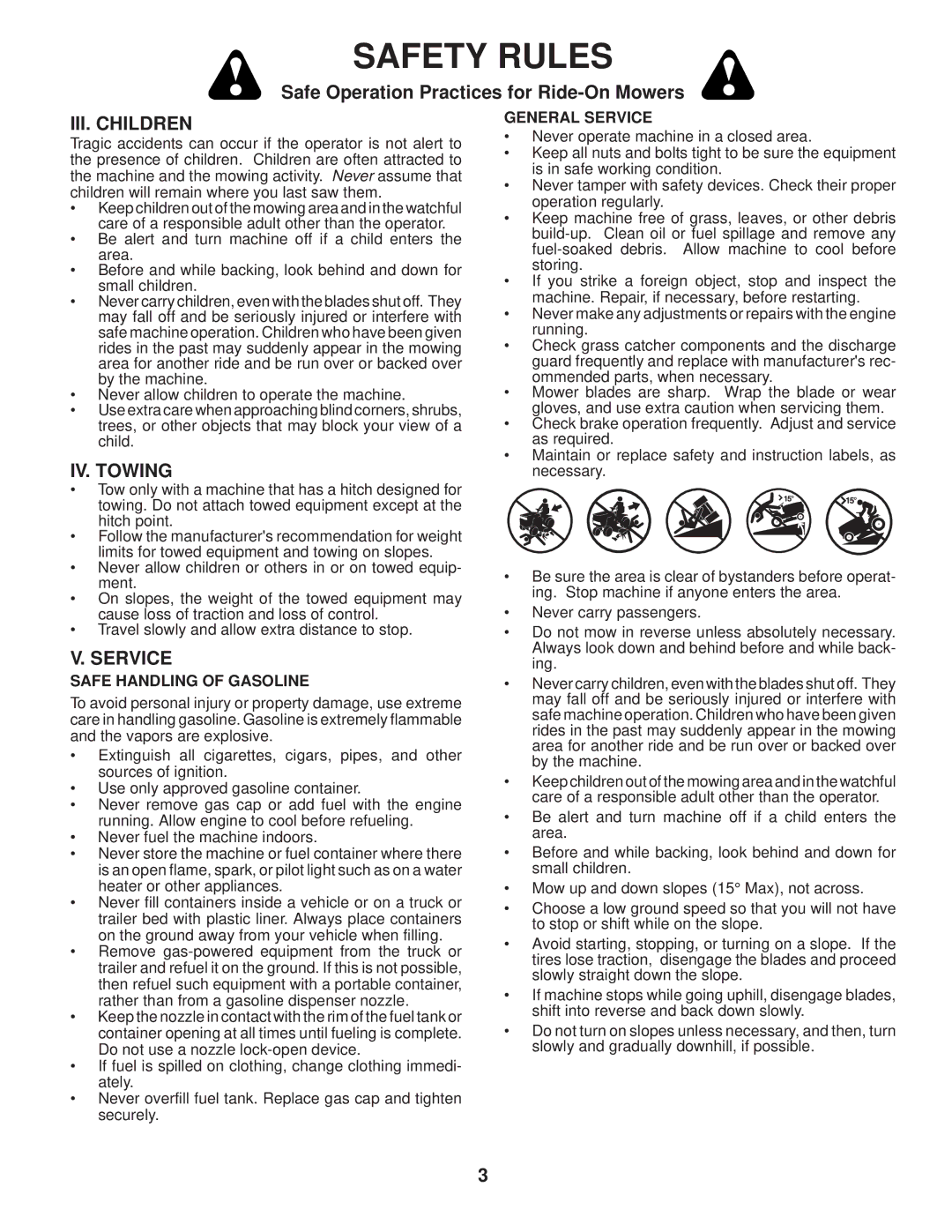 Husqvarna 2754 GLS manual III. Children, IV. Towing, Safe Handling of Gasoline, General Service 