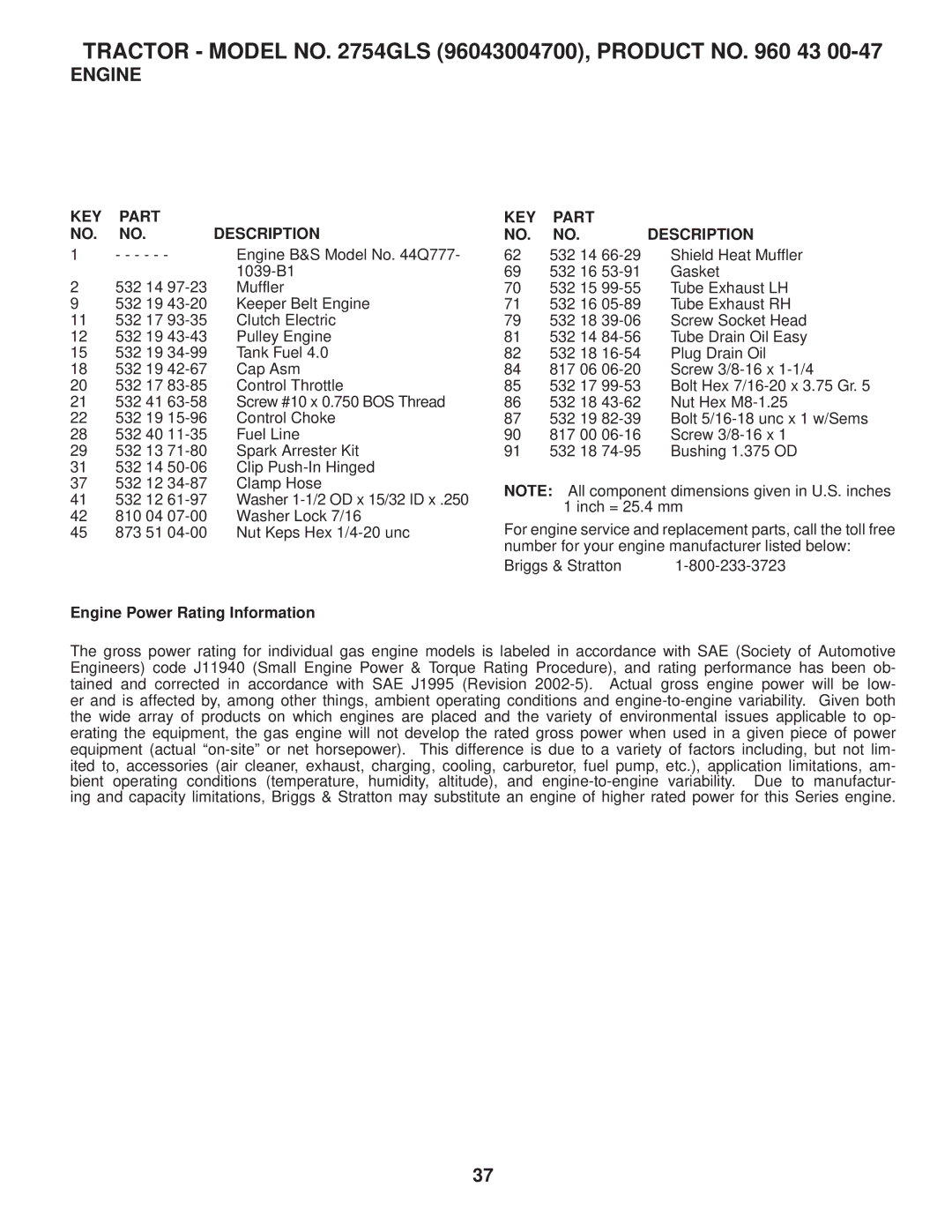 Husqvarna 2754 GLS manual Engine Power Rating Information 