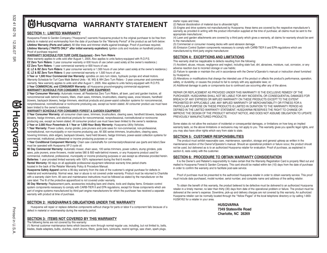 Husqvarna 2754 GLS manual Warranty Statement 