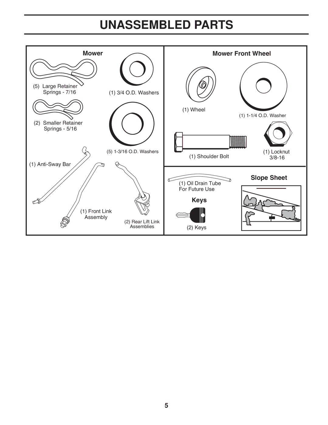 Husqvarna 2754 GLS manual Unassembled Parts, Mower Mower Front Wheel, Slope Sheet, Keys 