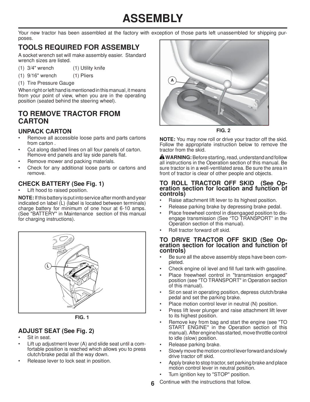 Husqvarna 2754 GLS manual Tools Required for Assembly, To Remove Tractor from Carton, Unpack Carton 