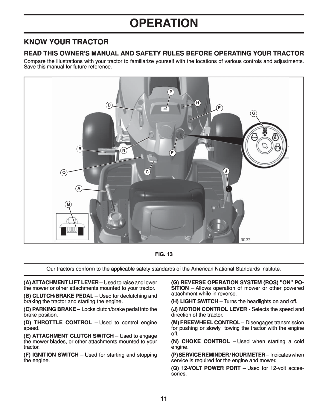 Husqvarna 2754 GLS manual Know Your Tractor, Operation 