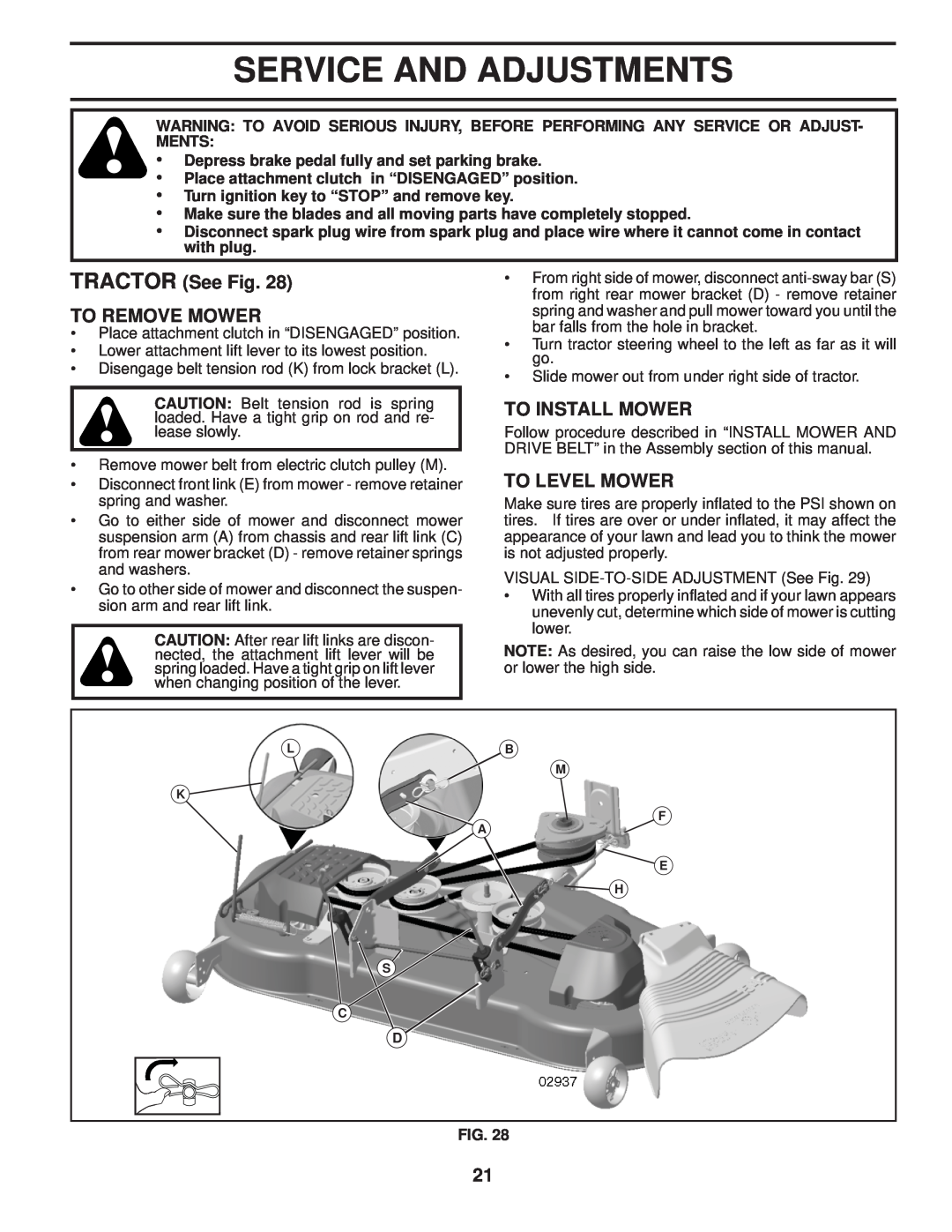 Husqvarna 2754 GLS manual Service And Adjustments, TRACTOR See Fig TO REMOVE MOWER, To Install Mower, To Level Mower 