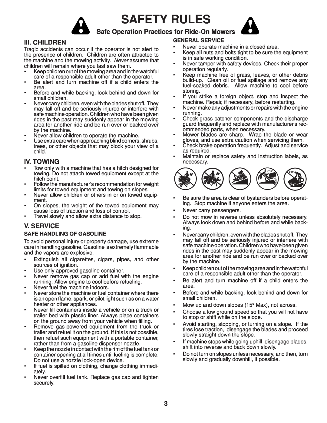 Husqvarna 2754 GLS manual Iii. Children, Iv. Towing, V. Service, Safety Rules, Safe Operation Practices for Ride-On Mowers 