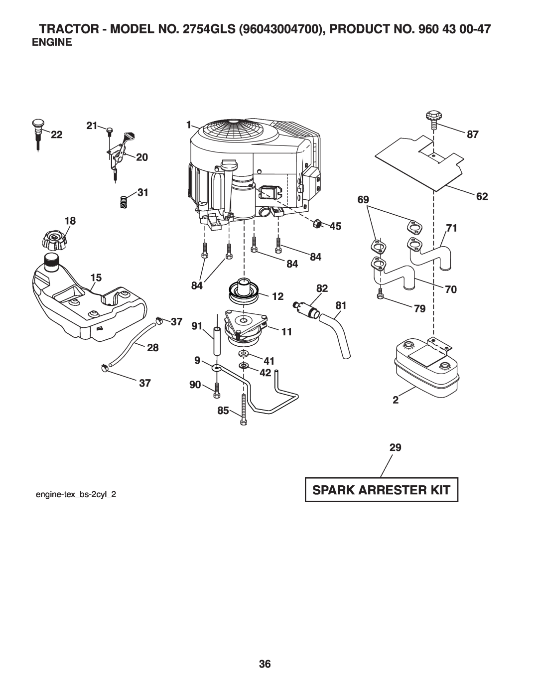 Husqvarna 2754 GLS manual Spark Arrester Kit, Engine, 6962, 8270 8179, TRACTOR - MODEL NO. 2754GLS 96043004700, PRODUCT NO 