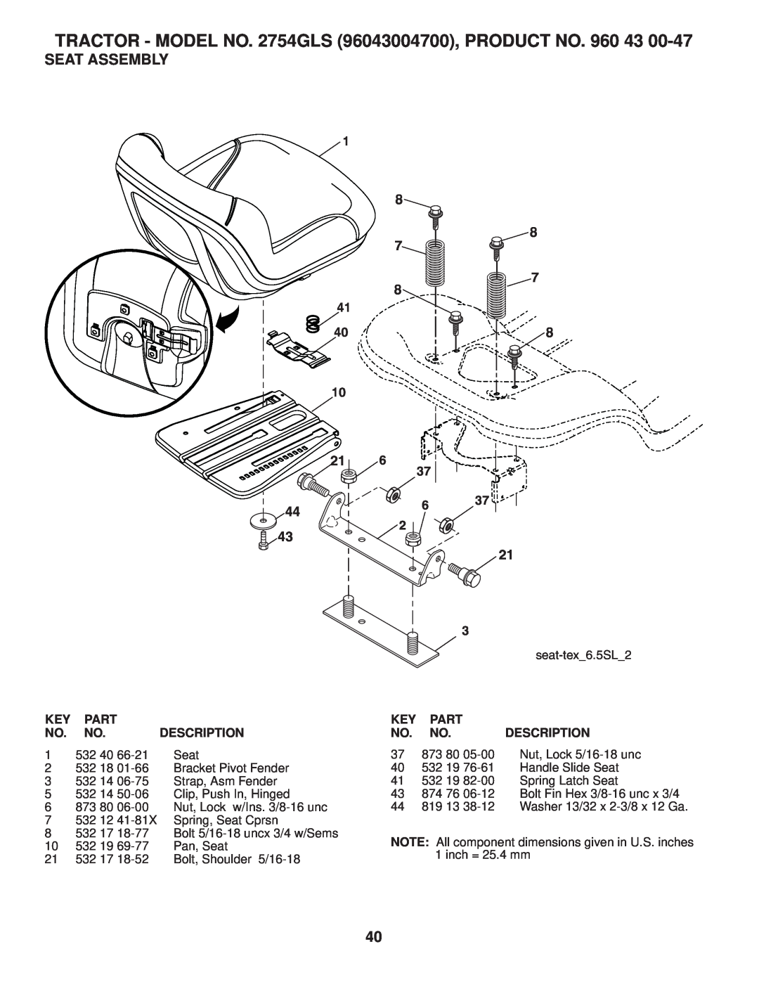 Husqvarna 2754 GLS manual Seat Assembly, TRACTOR - MODEL NO. 2754GLS 96043004700, PRODUCT NO. 960, Part, Description, 532 