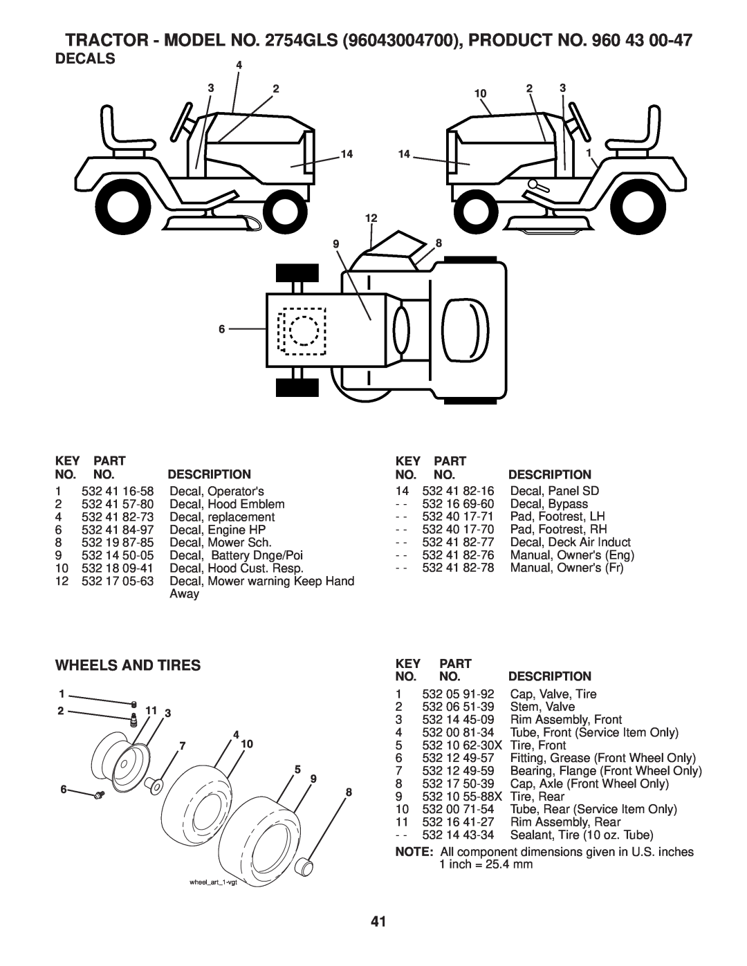 Husqvarna 2754 GLS Decals, Wheels And Tires, TRACTOR - MODEL NO. 2754GLS 96043004700, PRODUCT NO. 960, Part, Description 