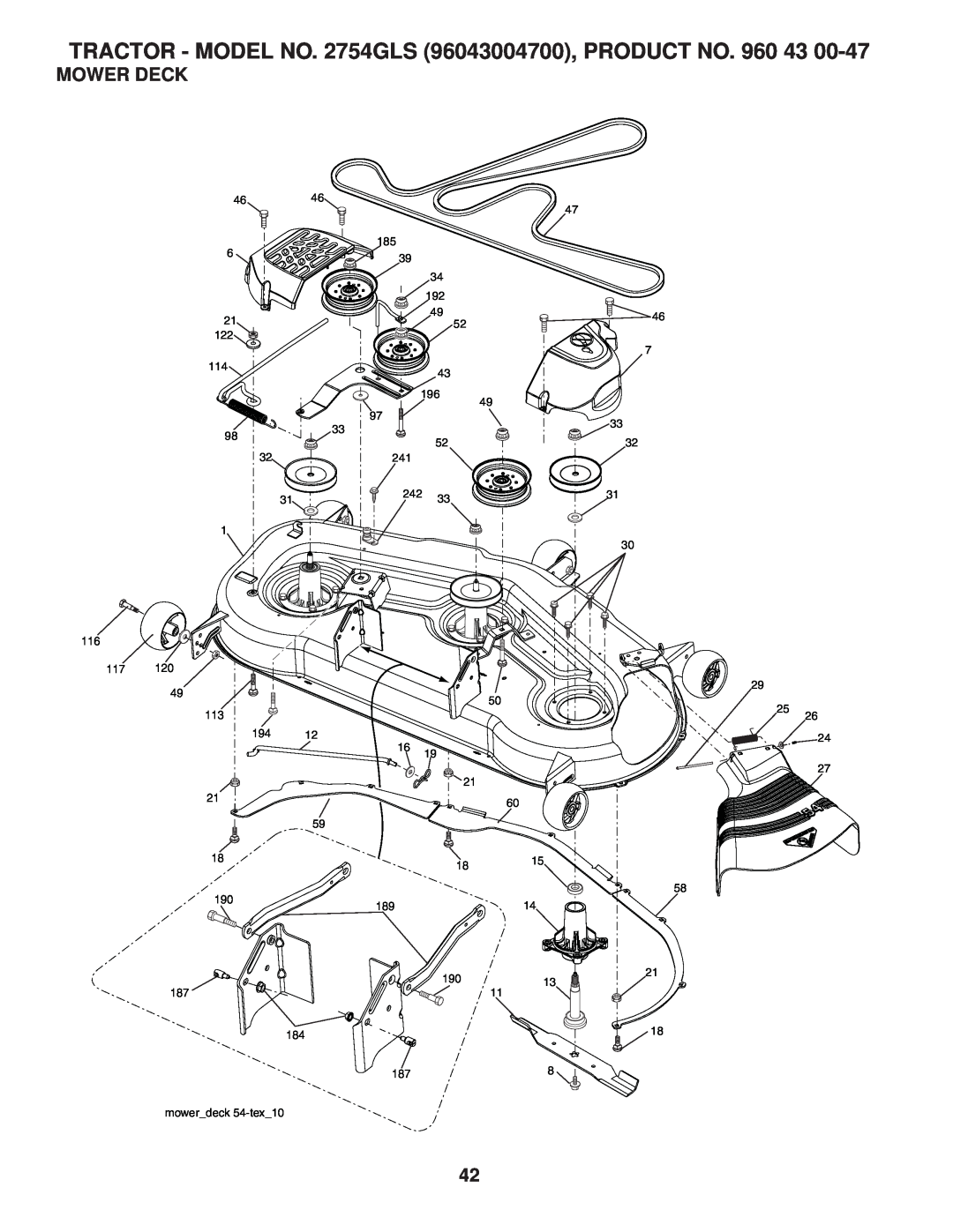 Husqvarna 2754 GLS manual Mower Deck, TRACTOR - MODEL NO. 2754GLS 96043004700, PRODUCT NO, 116 117, 113, 19013 