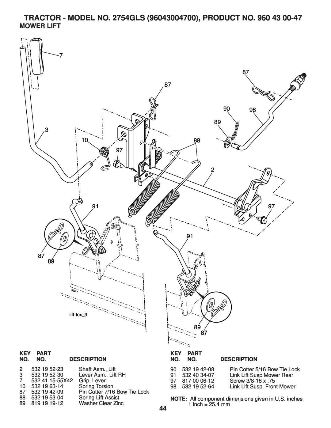 Husqvarna 2754 GLS manual Mower Lift, TRACTOR - MODEL NO. 2754GLS 96043004700, PRODUCT NO. 960 43, Part, Description 