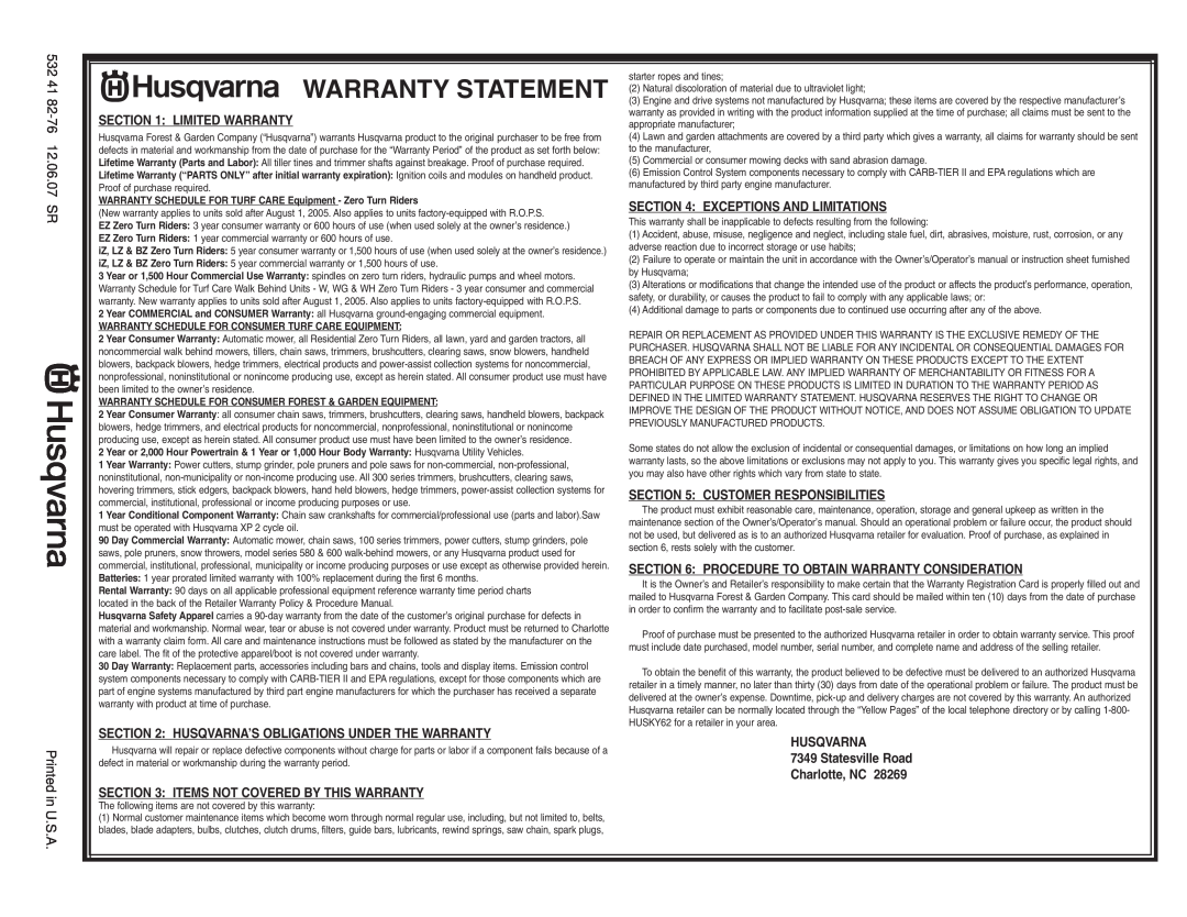 Husqvarna 2754 GLS manual Warranty Statement, 532 41 82-76 12.06.07 SR Printed in U.S.A 