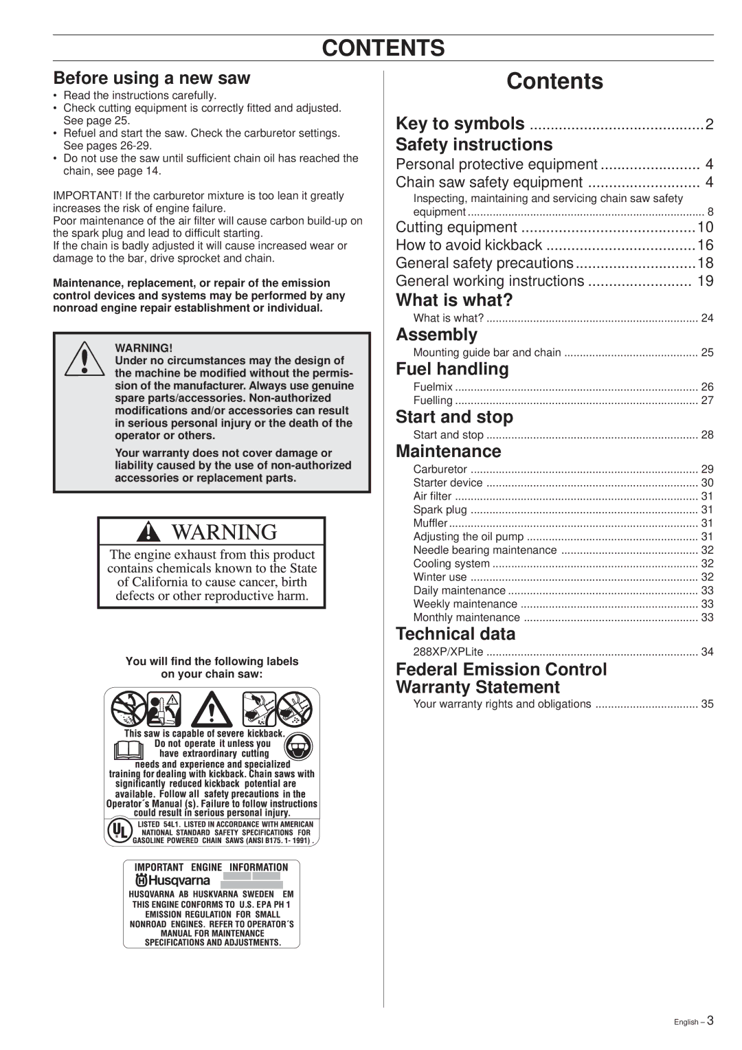 Husqvarna 281XP, 288XP, 288XP, 288XP Lite manual Contents 