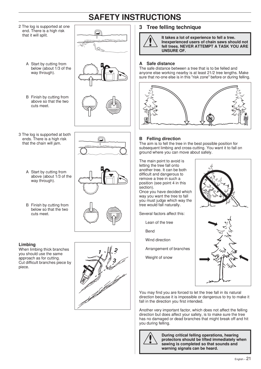 Husqvarna 288XP/XP lite manual Tree felling technique, Safe distance, Limbing, Felling direction 