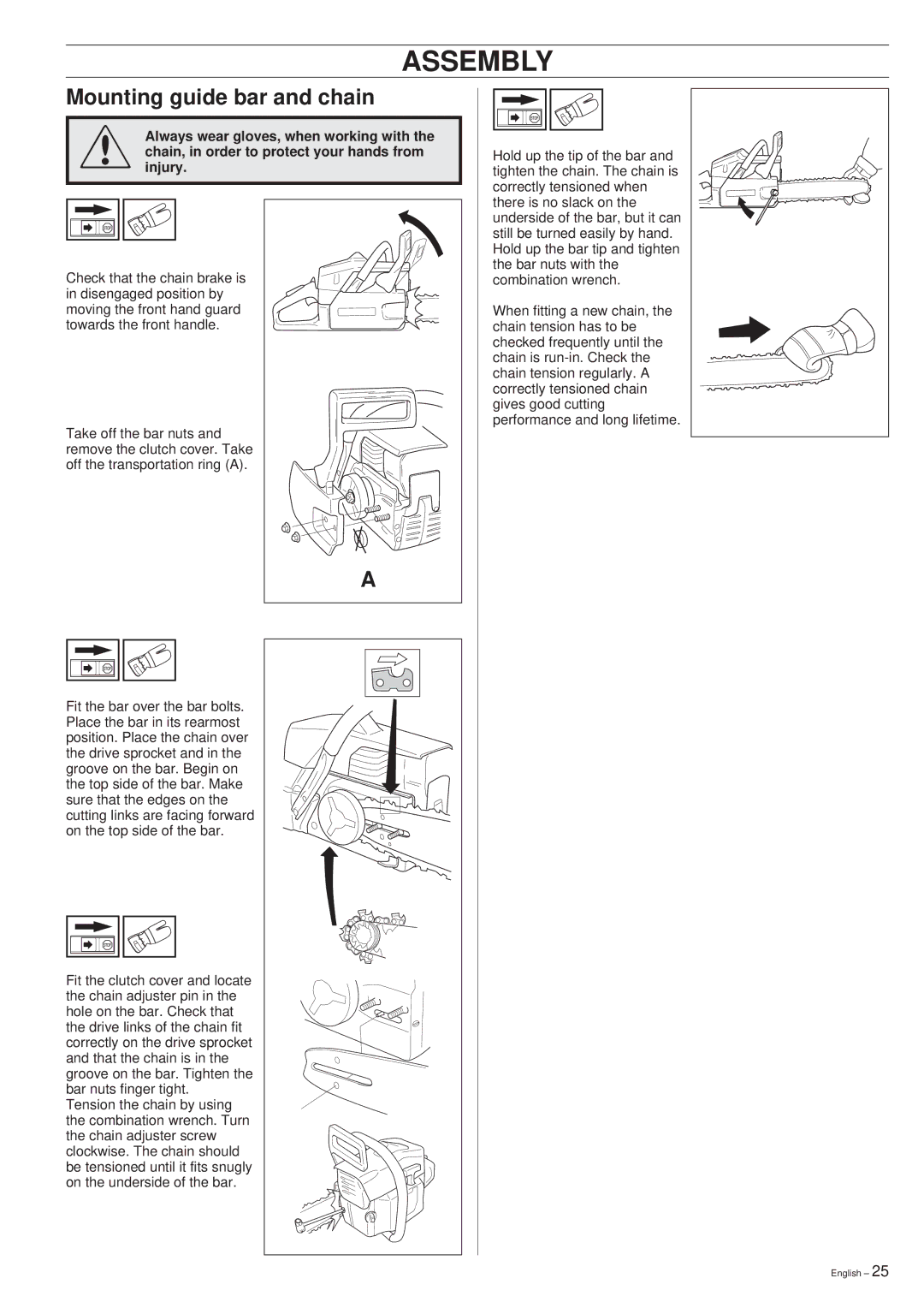 Husqvarna 288XP/XP lite manual Assembly, Mounting guide bar and chain 