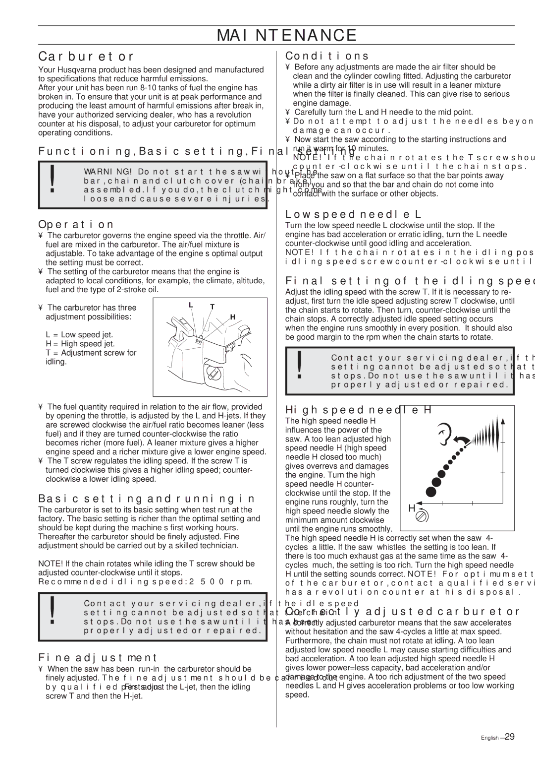 Husqvarna 288XP/XP lite manual Maintenance, Carburetor 