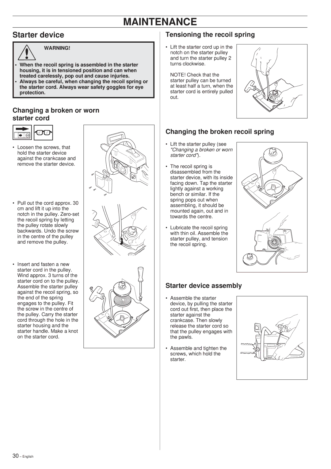 Husqvarna 288XP/XP lite manual Starter device, Changing a broken or worn starter cord, Tensioning the recoil spring 