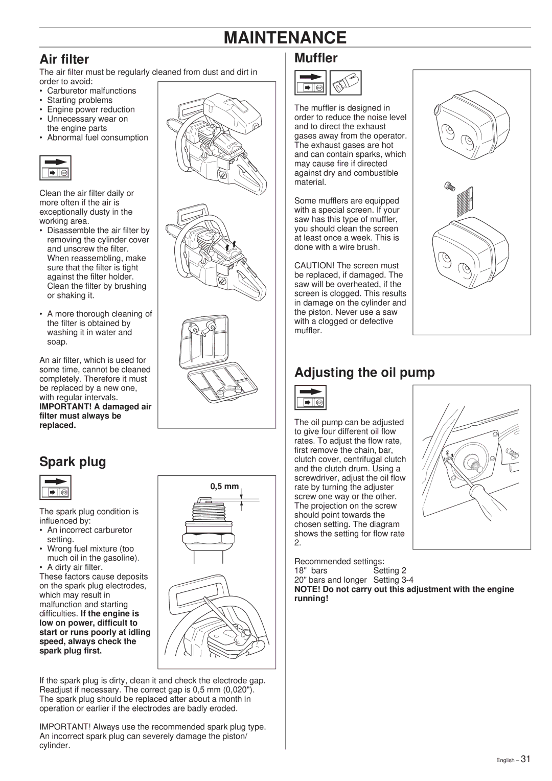 Husqvarna 288XP/XP lite manual Air filter, Spark plug, Muffler, Adjusting the oil pump 