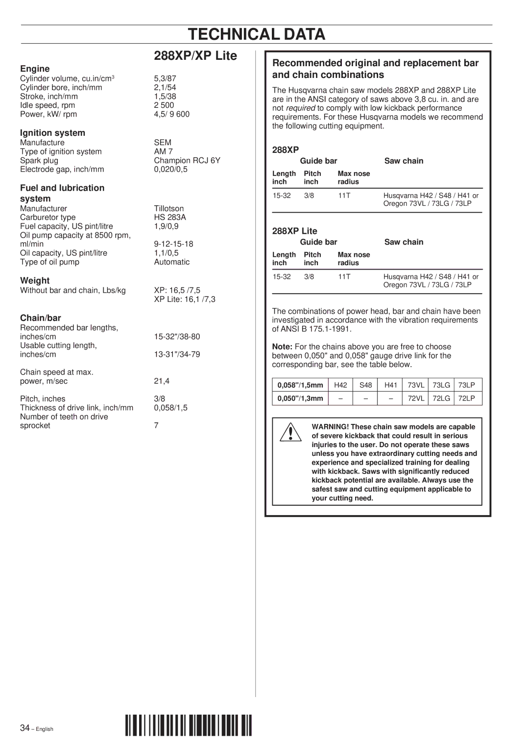 Husqvarna 288XP/XP lite manual Technical Data 