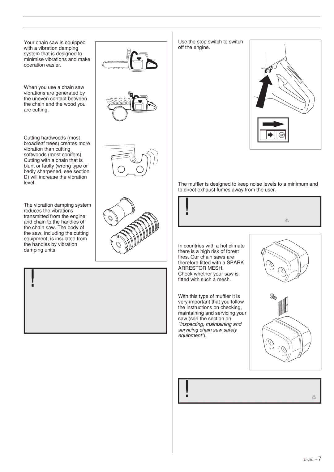 Husqvarna 288XP/XP lite manual Vibration damping system, Stop switch, Muffler 