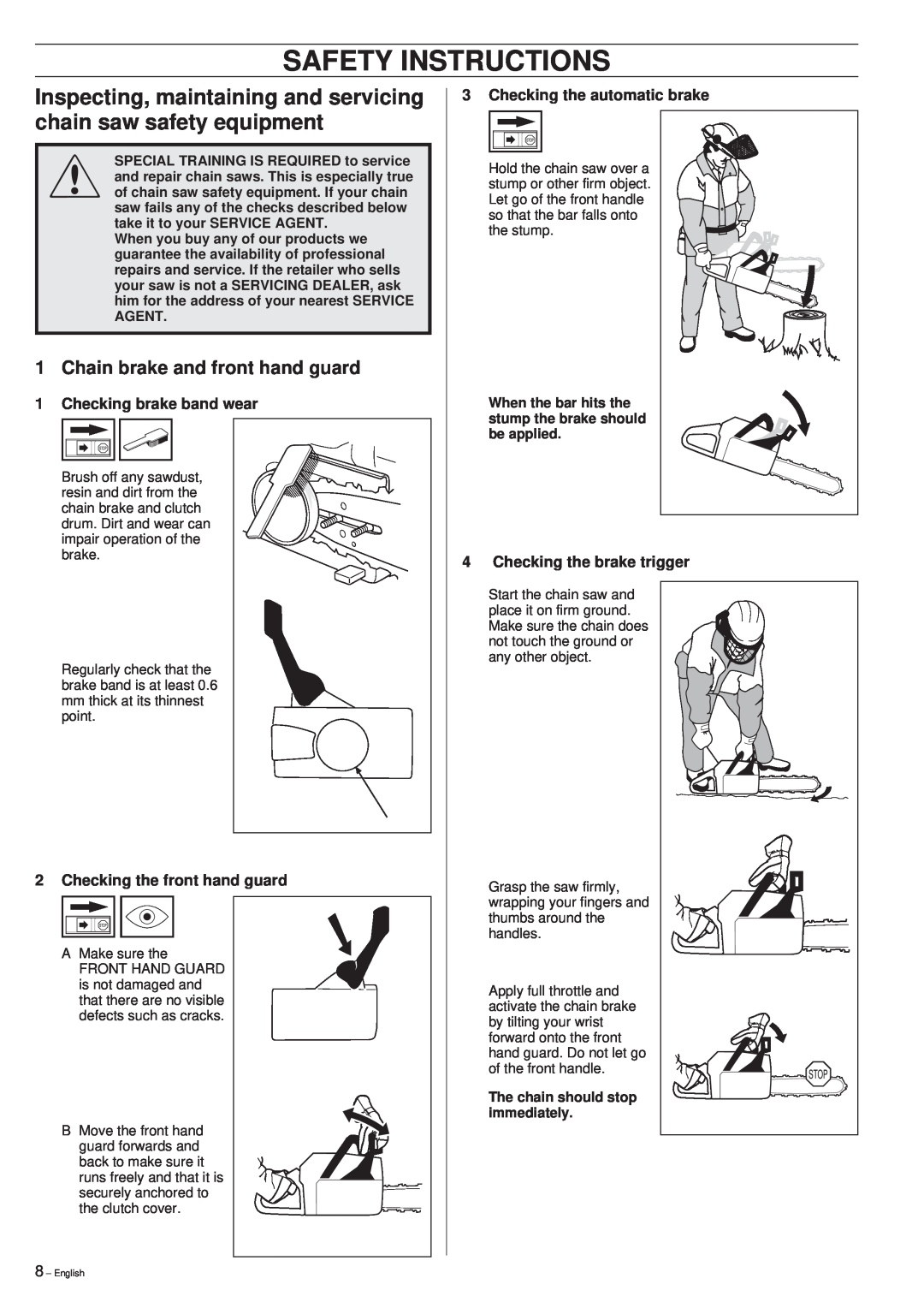 Husqvarna 288XP/XP lite manual Safety Instructions, Inspecting, maintaining and servicing chain saw safety equipment 