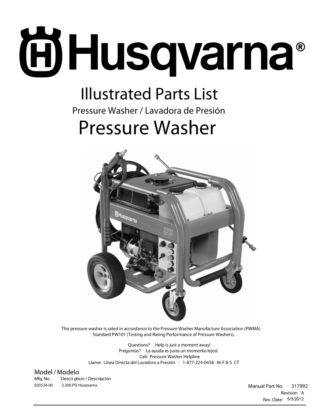 Husqvarna 020524-00 3, 300 PSI manual Model / Modelo, 317992 