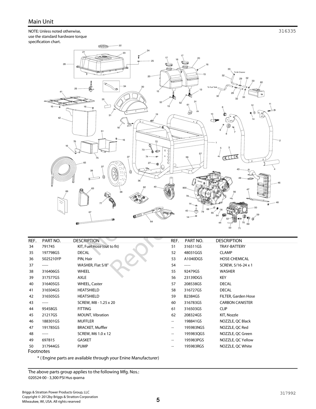 Husqvarna 300 PSI Tray-Battery, Hose-Chemical, Wheel, Axle, Key, Heatshield, Carbon Canister, Fitting, Clip, Muffler, Pump 