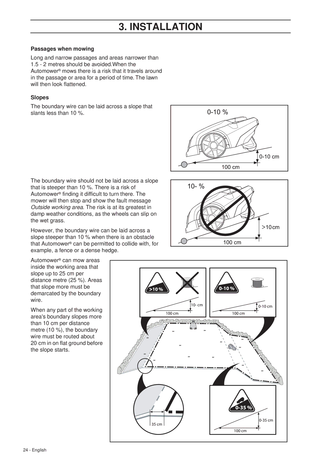 Husqvarna 305 manual Passages when mowing, Slopes 