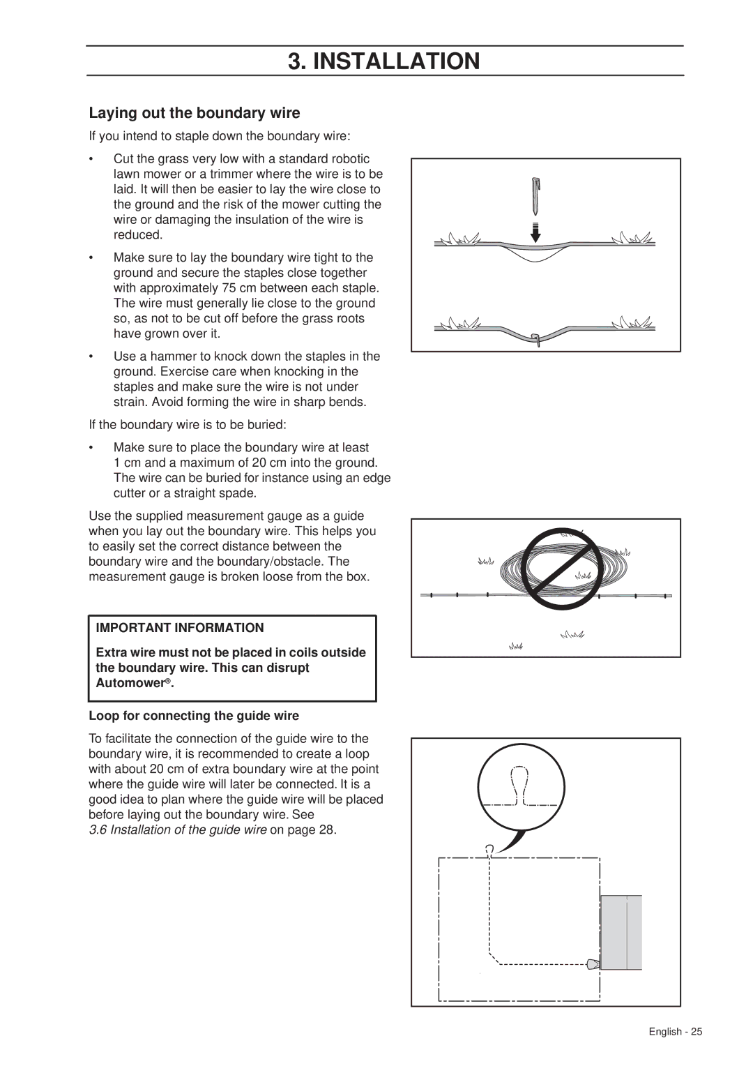 Husqvarna 305 manual Laying out the boundary wire, Installation of the guide wire on 