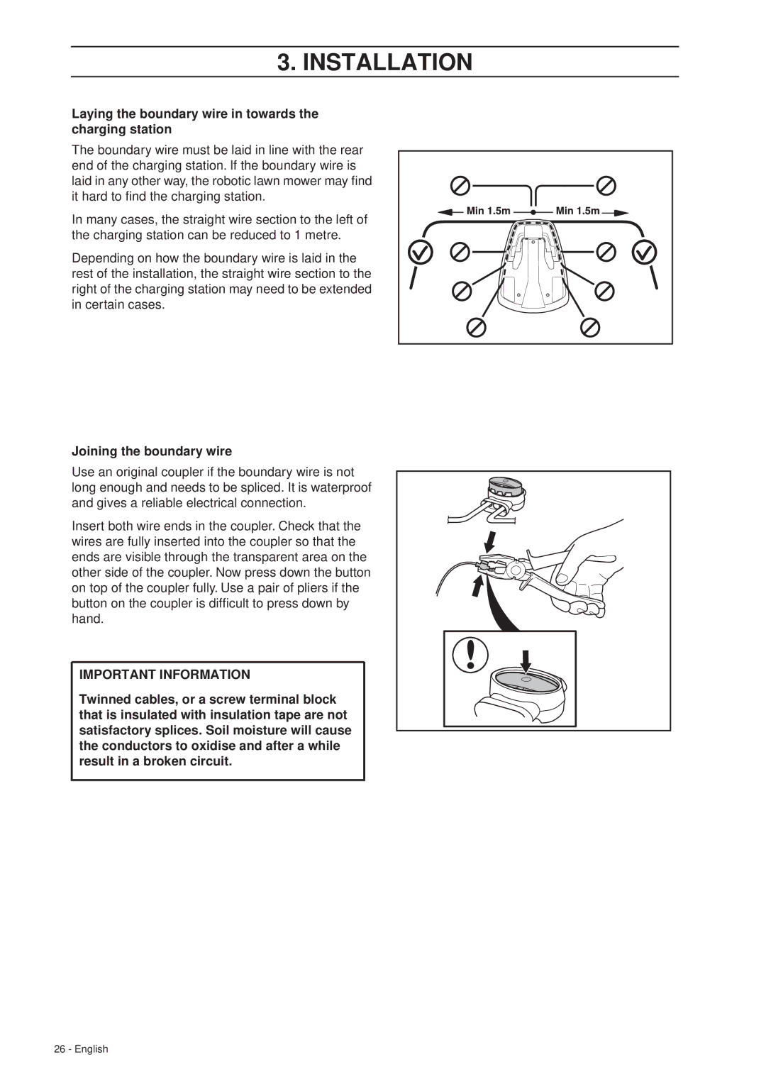 Husqvarna 305 manual Laying the boundary wire in towards the charging station, Joining the boundary wire 