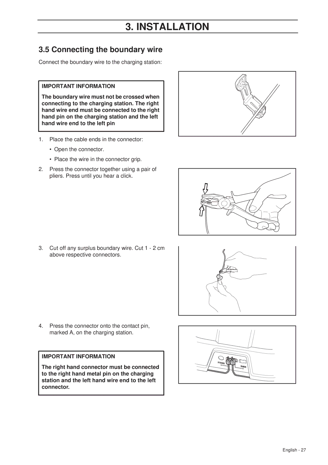 Husqvarna 305 manual Connecting the boundary wire 