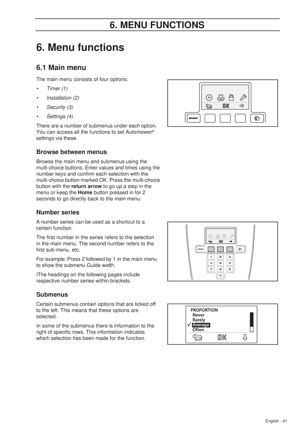 Husqvarna 305 manual Menu functions, Main menu, Browse between menus, Number series, Submenus 