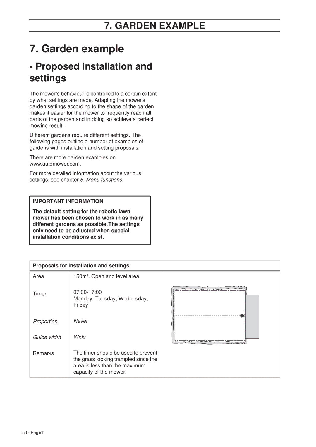 Husqvarna 305 manual Garden example, Proportion Guide width, Never Wide 