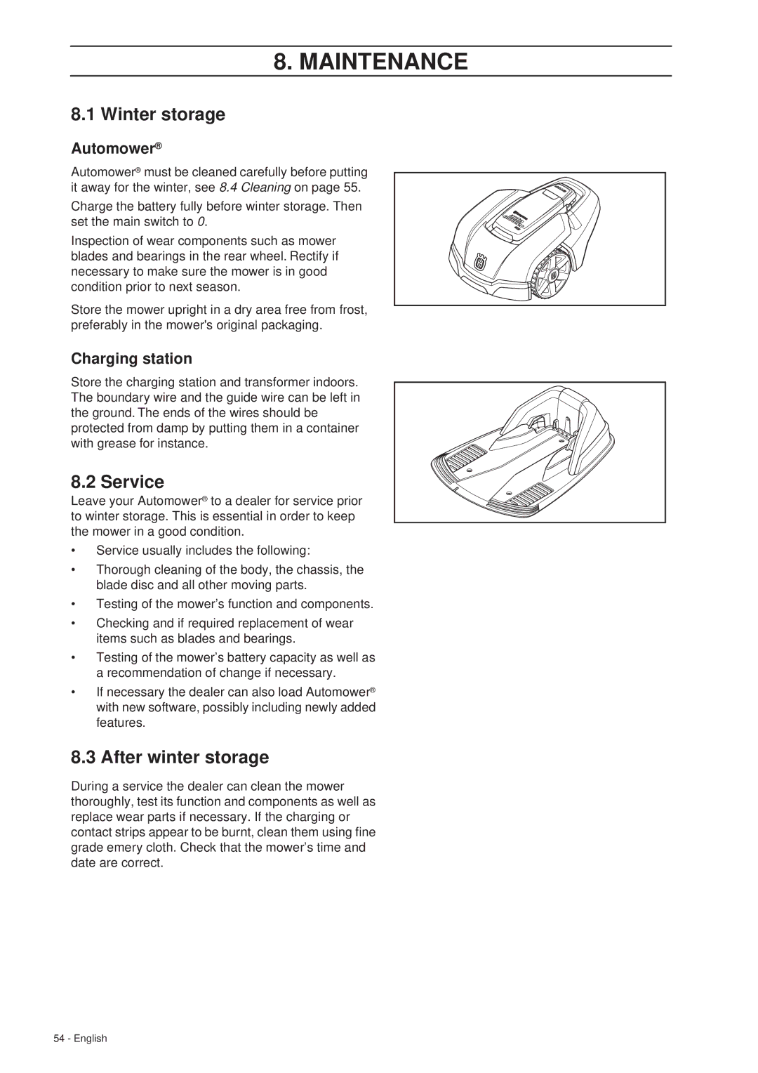 Husqvarna 305 manual Winter storage, Service, After winter storage, Automower, Charging station 